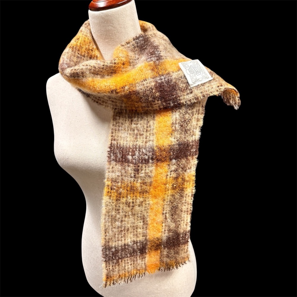 Vintage Donegal Design Mohair Wool Handwoven Scarf Orange Brown Plaid Ireland - Picture 3 of 11